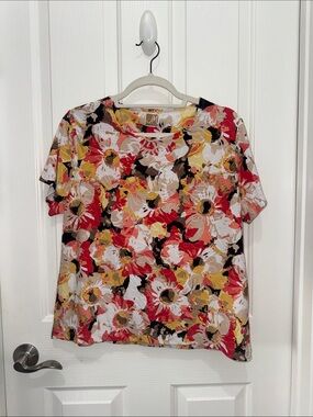 JM Collection Petite (PXL) Red, White & Yellow Floral Short-Sleeve Top